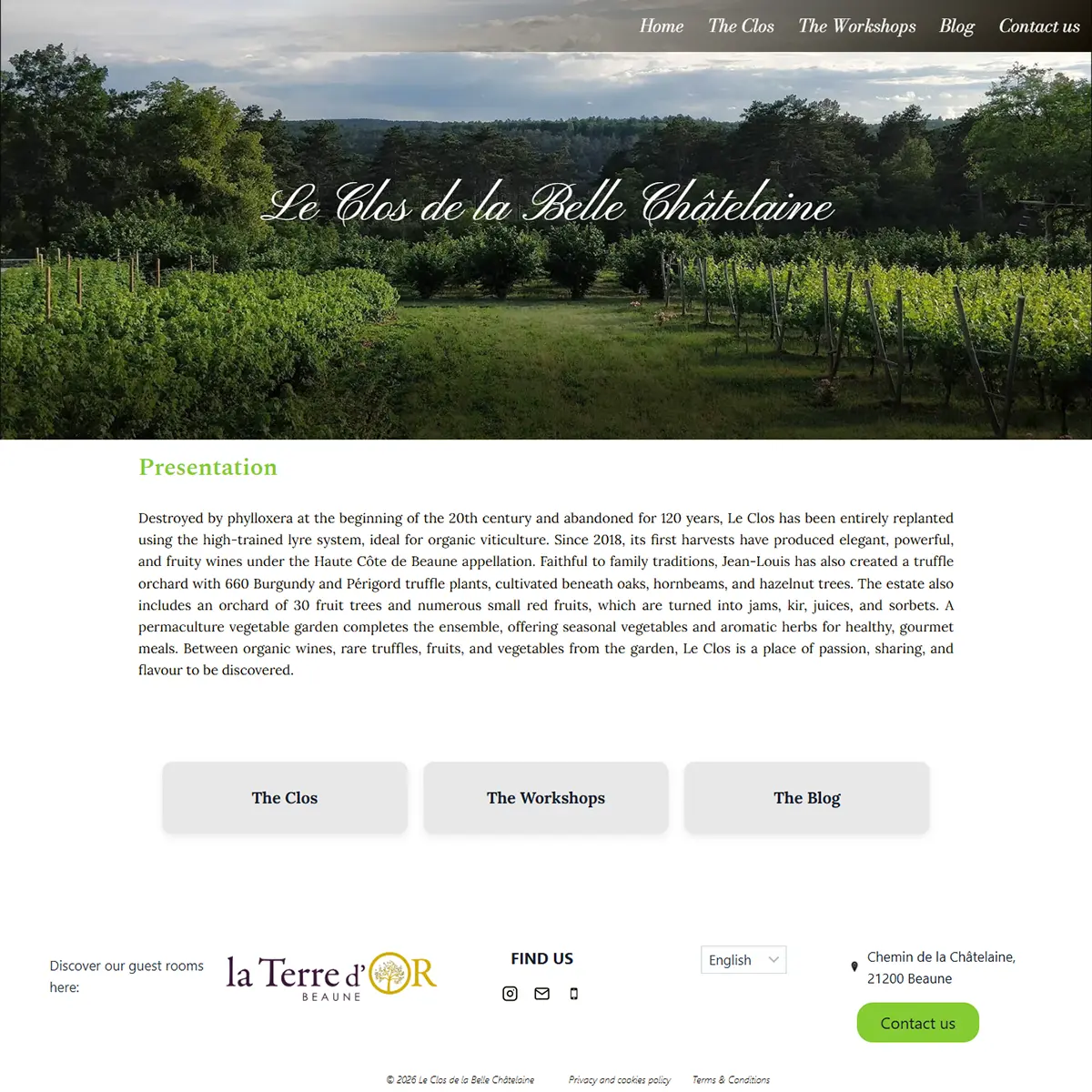 Site Le Clos de la Belle Châtelaine — page d'accueil